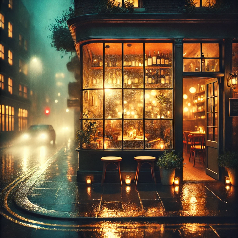 Rainy night, cozy restaurant.